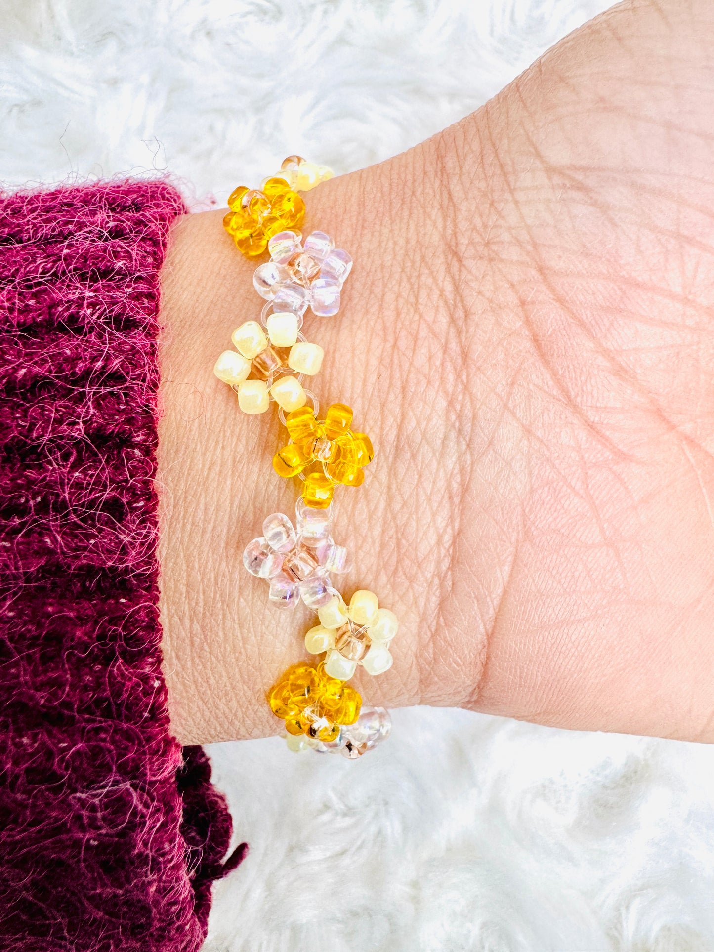 Handmade Floral Crystal Bracelet - Yellow & Transparent Beads