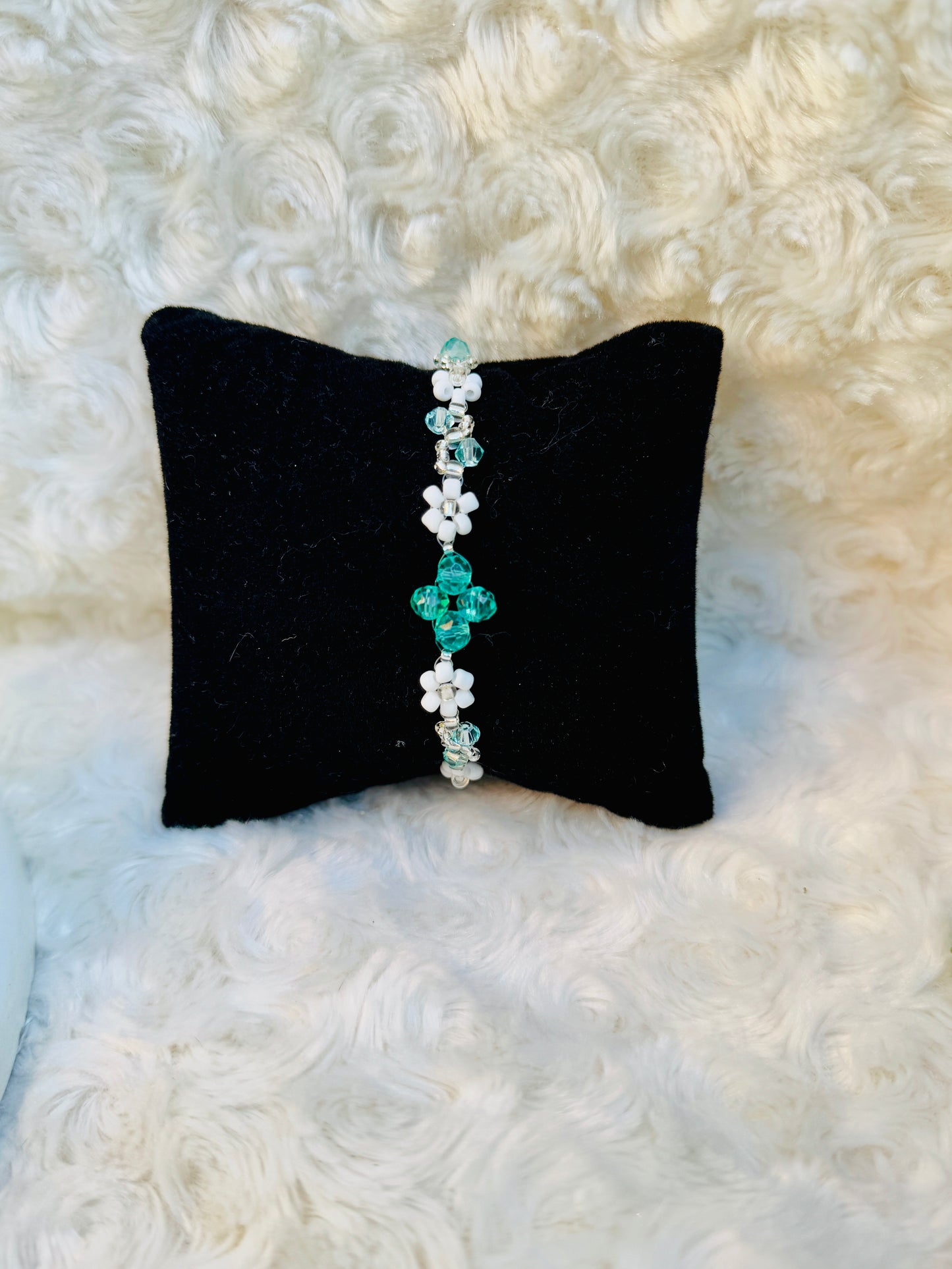 Crystal Flower Beaded Bracelet – Handmade White and Teal Elegance