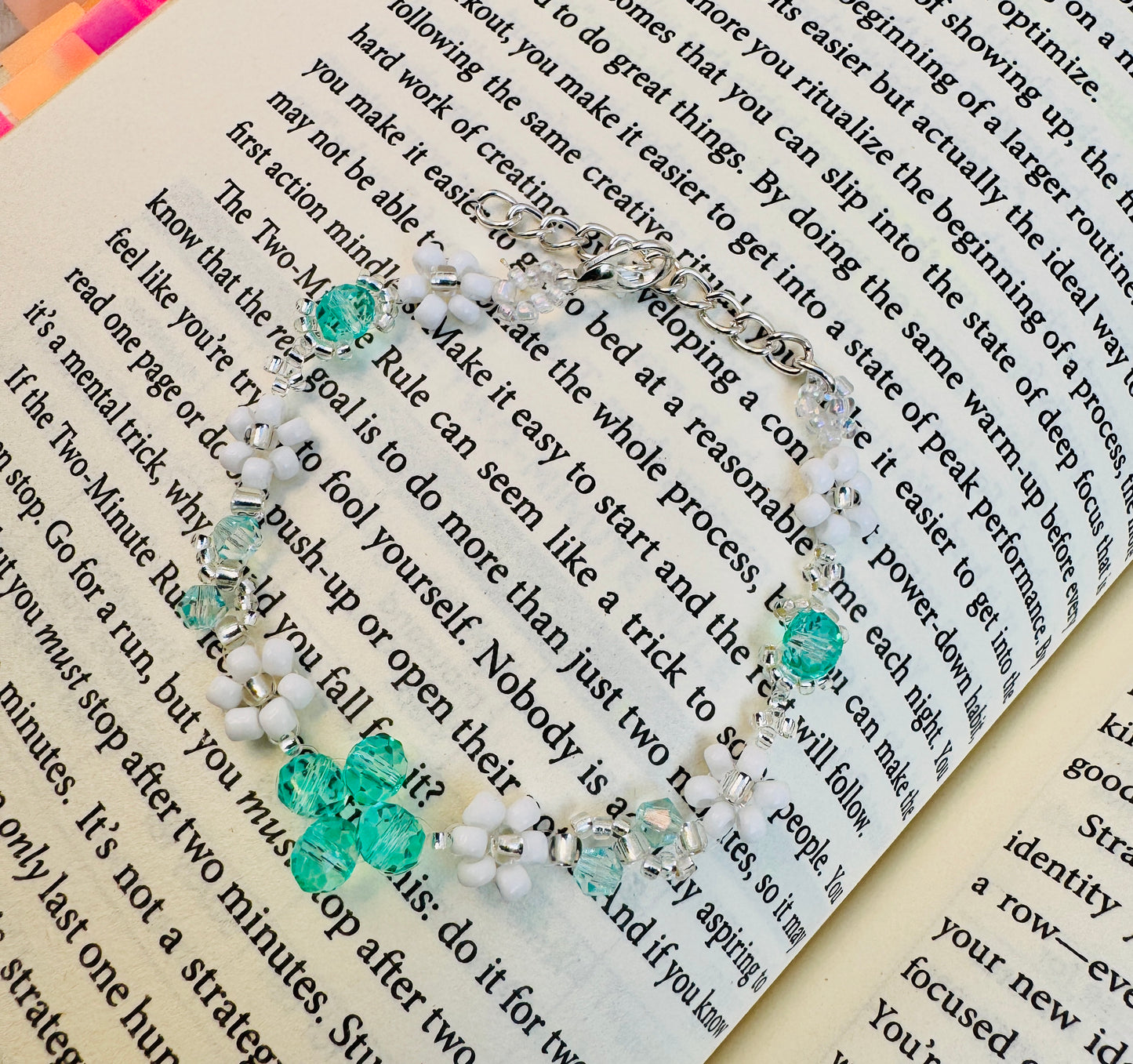 Crystal Flower Beaded Bracelet – Handmade White and Teal Elegance