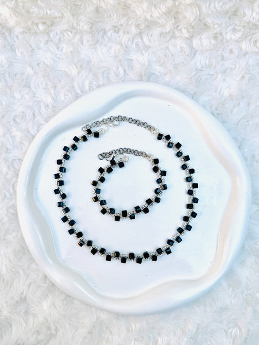 Black Cube Bead Necklace and Bracelet Set – Minimalist Handmade Jewelry