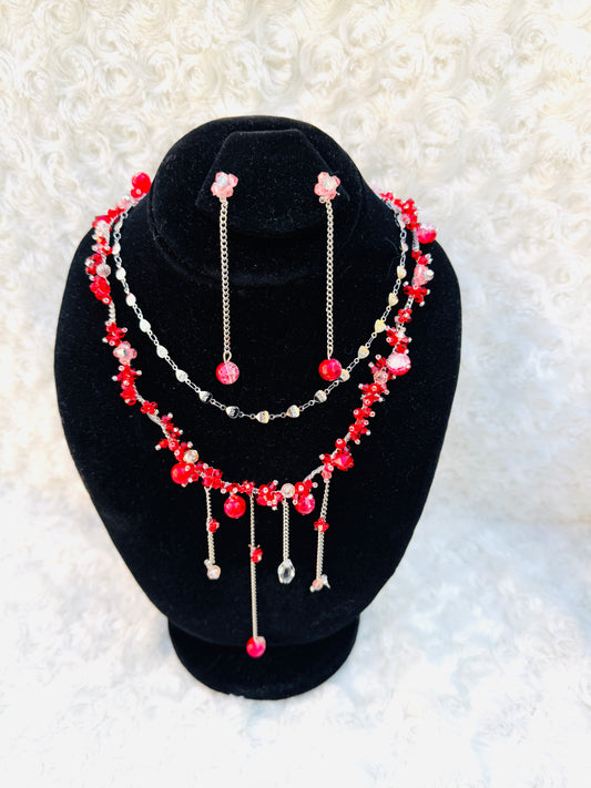 Crimson Elegance Jewelry Set, Red Beaded Necklace and Earrings Set - Handmade Elegant Jewelry