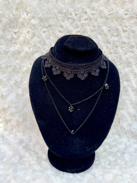 Delicate Black Lace Choker with Layered Chains and Pendant