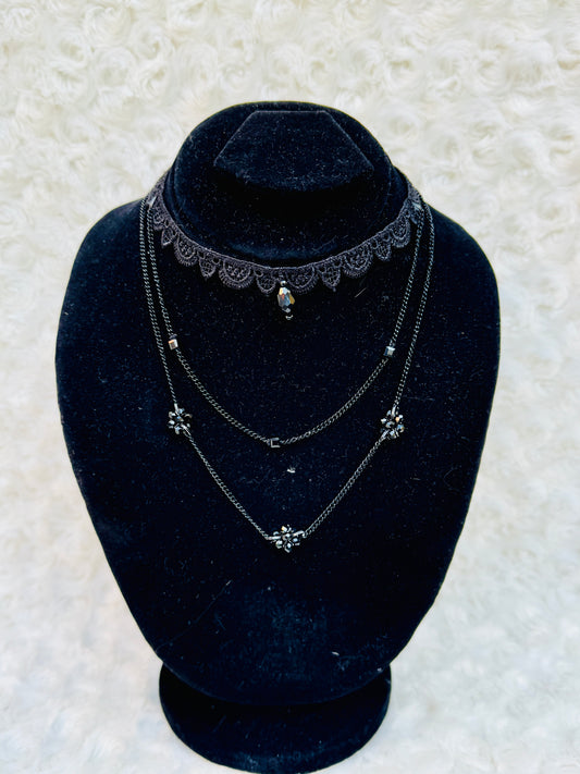 Delicate Black Lace Choker with Layered Chains and Pendant