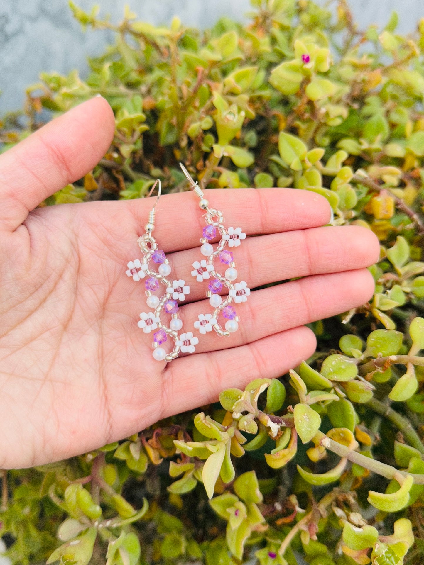 "White Beaded Earrings with Purple Crystals – Handmade Floral Studs