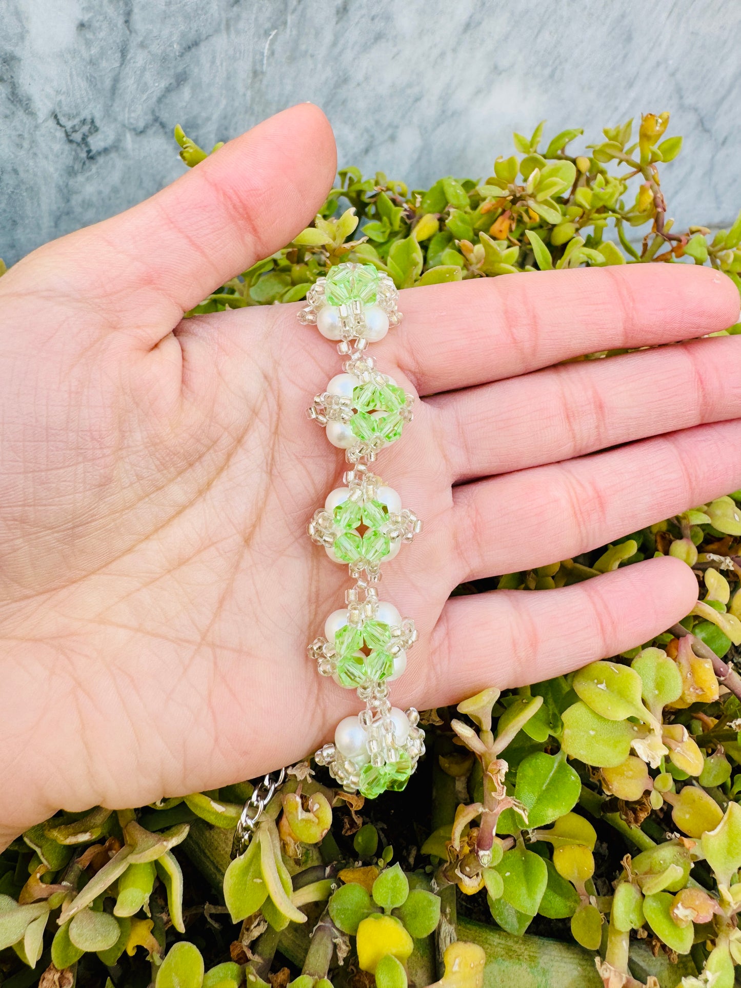 Handmade Green Floral Beaded Bracelet – Elegant Pearl & Crystal Bead Bracelet for Women