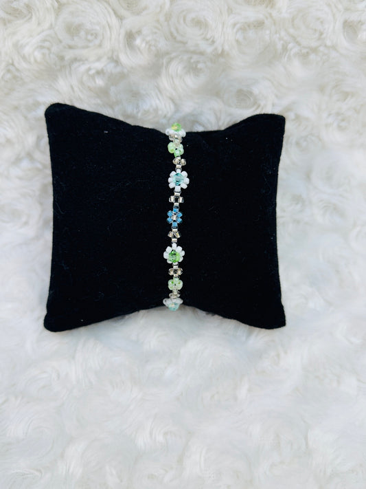 Elegant Light Green & Blue Flower Beaded Bracelet with Pearls