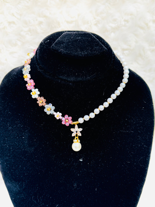 Delicate Floral Necklace with White and Pink Crystals and Pearl Accent – Handmade Jewelry