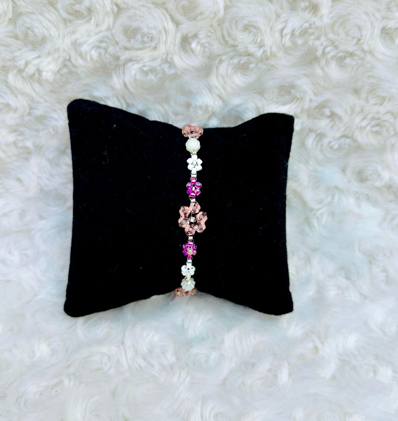 White and Pink Flower Beaded Bracelet with Pearls & Crystals