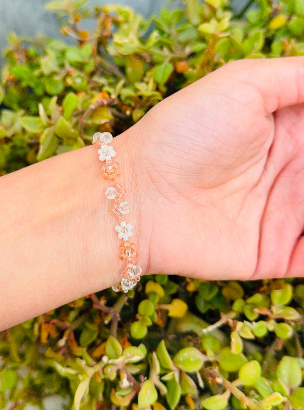 White and Pink Flower Beaded Bracelet - Handmade Floral Design