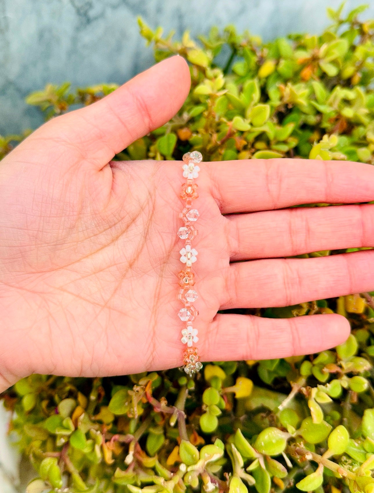 White and Pink Flower Beaded Bracelet - Handmade Floral Design