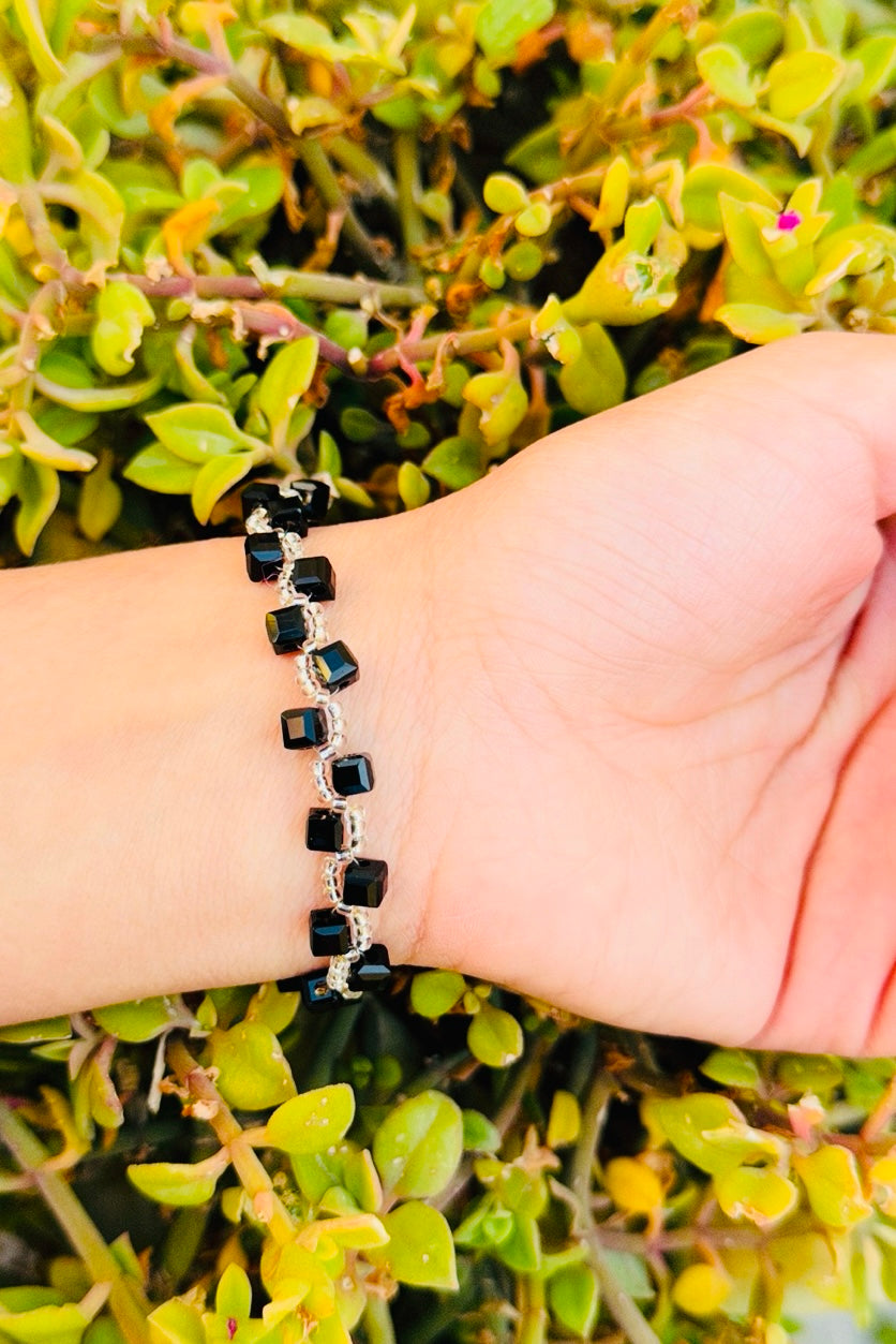 Black Cube Bead Necklace and Bracelet Set – Minimalist Handmade Jewelry