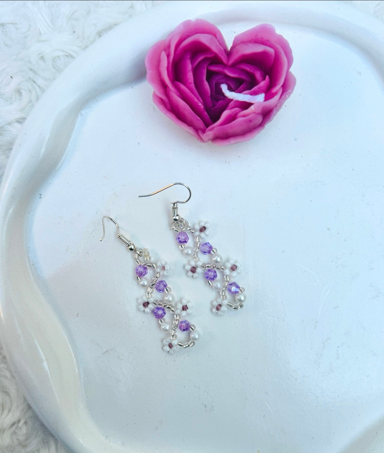 "White Beaded Earrings with Purple Crystals – Handmade Floral Studs