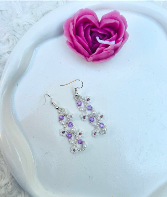 "White Beaded Earrings with Purple Crystals – Handmade Floral Studs